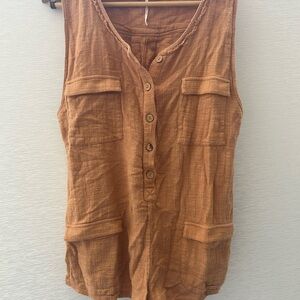 Free People Button-Front Sleeveless Romper in Warm Rust
